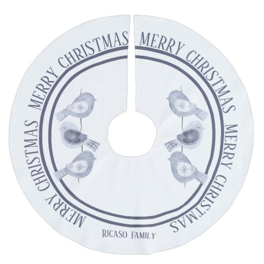 北欧クリスマスブルーパーソナライズされたバード ブラッシュドポリエステルツリースカート (正面)