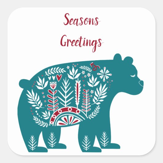 北欧スカンジナビアの青と赤熊 スクエアシール (正面)