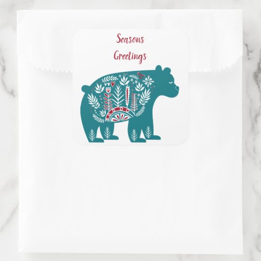 北欧スカンジナビアの青と赤熊 スクエアシール (バッグ)