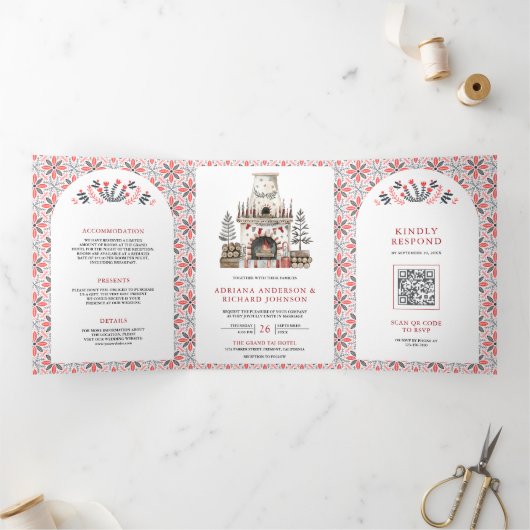 北欧スカンジナビアフォークアートフ結婚ァレス 三つ折り招待状 (内部)