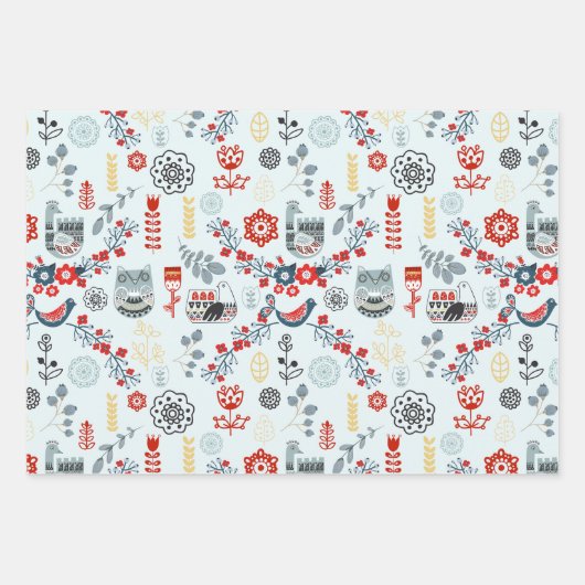 北欧スラブフォークアートバーズプラントフラワーズブルー ラッピングペーパーシート (正面3)