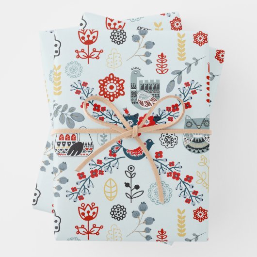 北欧スラブフォークアートバーズプラントフラワーズブルー ラッピングペーパーシート (インサイチュ)
