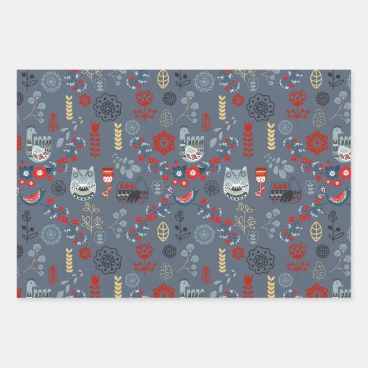 北欧スラブフォーク芸術鳥類の植物の花赤 ラッピングペーパーシート (正面2)