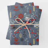 北欧スラブフォーク芸術鳥類の植物の花赤 ラッピングペーパーシート (インサイチュ)