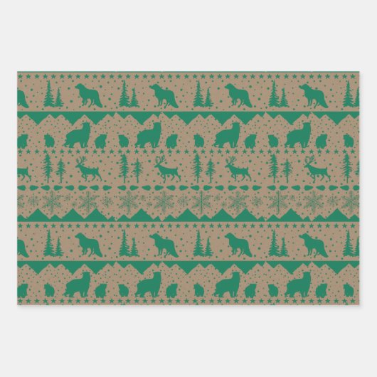 北欧セーターグリーンブラックベージュウィンターアニマルズ ラッピングペーパーシート (正面3)