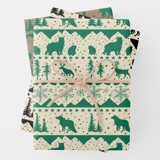 北欧セーターグリーンブラックベージュウィンターアニマルズ ラッピングペーパーシート (インサイチュ)