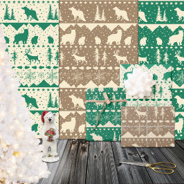 北欧セーターグリーンベージュクラフトウィンターアニマルズ ラッピングペーパーシート