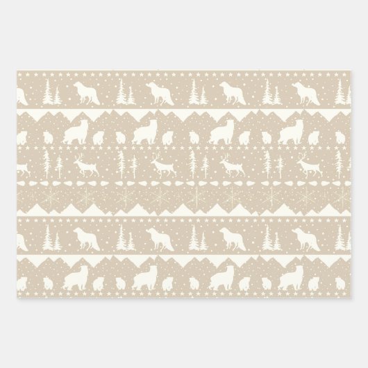 北欧セーターニュートラルクラフトベージュウィンターアニマルズ ラッピングペーパーシート (正面)