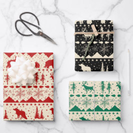 北欧セーターベージュグリーンレッドウィンター動物 ラッピングペーパーシート