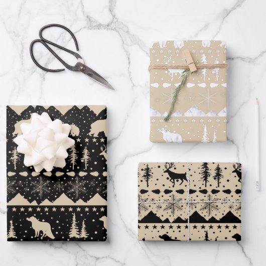 北欧セーターベージュ白黒冬季動物 ラッピングペーパーシート (正面)
