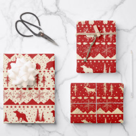 北欧セーターベージュ&金ゴールド冬動物赤 ラッピングペーパーシート