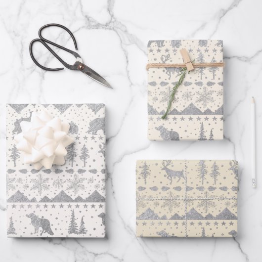 北欧セーター中性ベージュシルバーウィンター動物 ラッピングペーパーシート (正面)