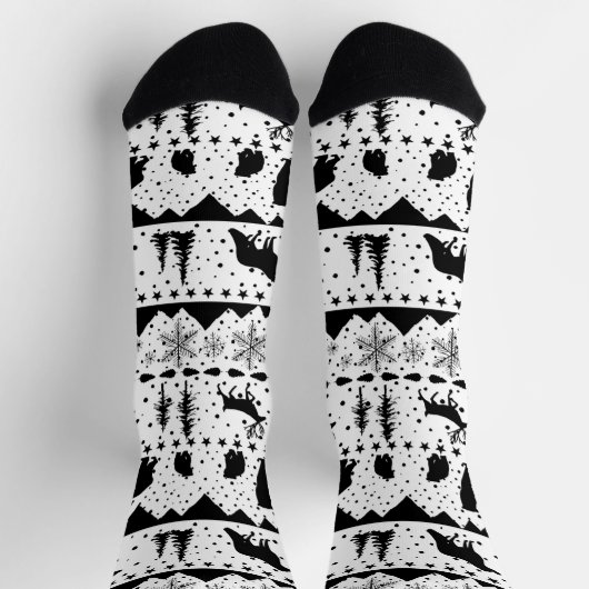 北欧セーター冬の動物の黒と白の靴下 ソックス (上部)