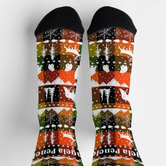 北欧セーター冬の動物グリーンオレンジプレイド ソックス (上部)