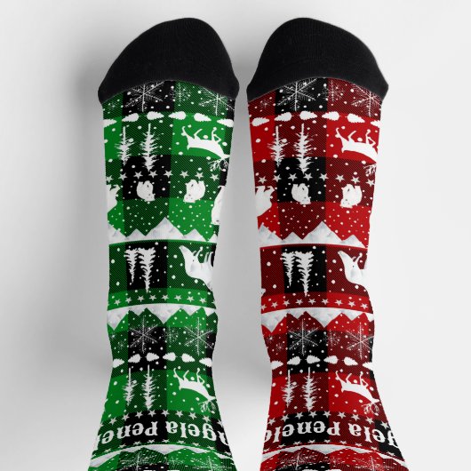 北欧セーター冬の動物グリーンレッドプレイド ソックス (上部)