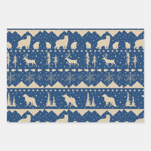 北欧セーター冬の動物ベージュ&ネイビーブルー ラッピングペーパーシート (正面3)