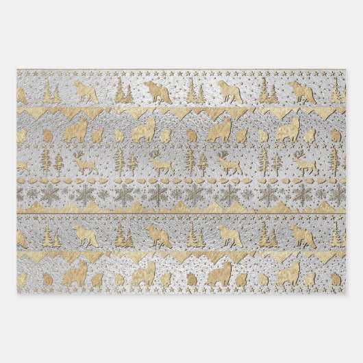 北欧セーター冬の動物飼育金ゴールド銀 ラッピングペーパーシート (正面3)