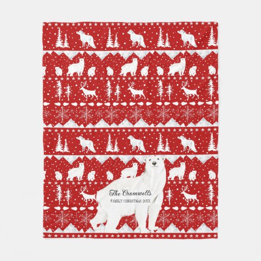 北欧セーター極熊の動物ファミリークリスマス フリースブランケット (正面)