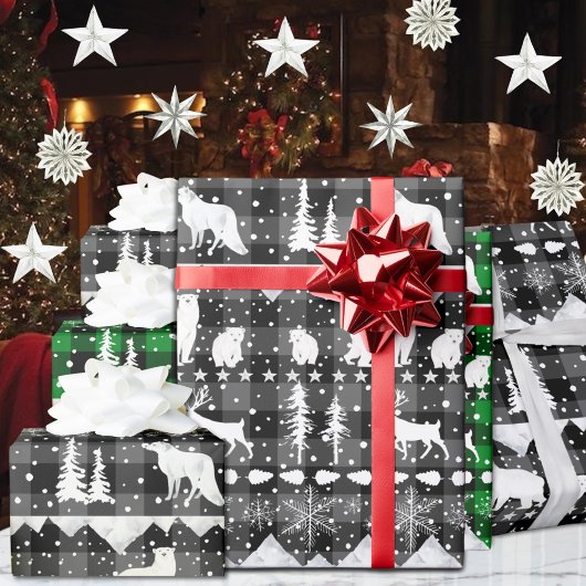 北欧セーター灰色の格子白い冬の動物 ラッピングペーパー