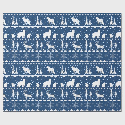 北欧セーター白い冬の動物ネイビーブルー ラッピングペーパー (フラット)