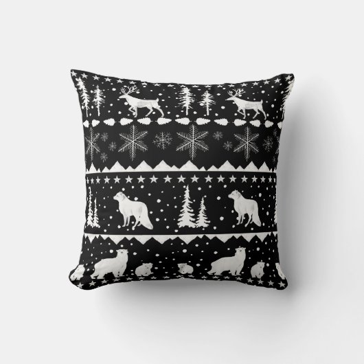 北欧セーター白い冬の動物ブラック クッション (正面)