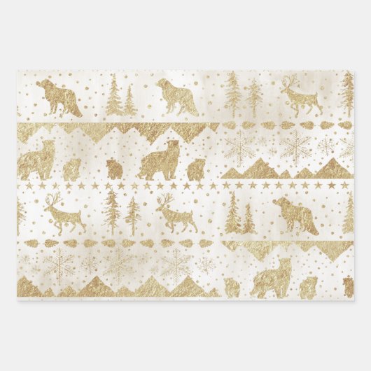 北欧セーター金ゴールド冬動物真珠ホワイト ラッピングペーパーシート (正面3)