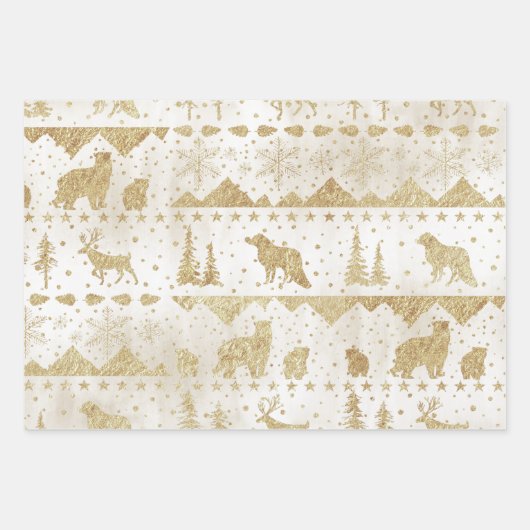 北欧セーター金ゴールド冬動物真珠ホワイト ラッピングペーパーシート (正面3)