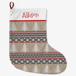 北欧ニットのクリスマスパターン  タンと赤(大) ラージクリスマスストッキング