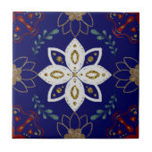 北欧ネイビーフローラデザイン水彩フォークアート タイル (正面)