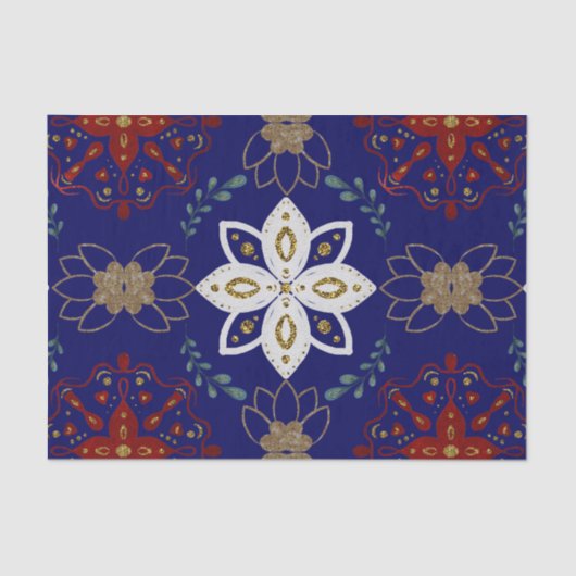 北欧ネイビーフローラデザイン水彩フォークアート 薄葉紙 (正面)