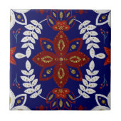 北欧ネイビーフローラリーフ水彩フォークアート タイル (正面)