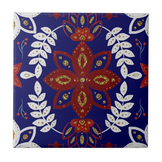 北欧ネイビーフローラリーフ水彩フォークアート タイル (正面)