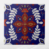 北欧ネイビーフローラリーフ水彩フォークアート タイル