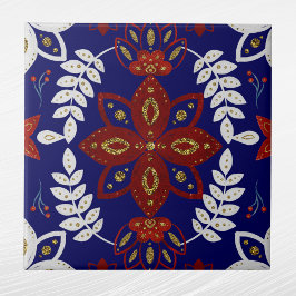 北欧ネイビーフローラリーフ水彩フォークアート タイル