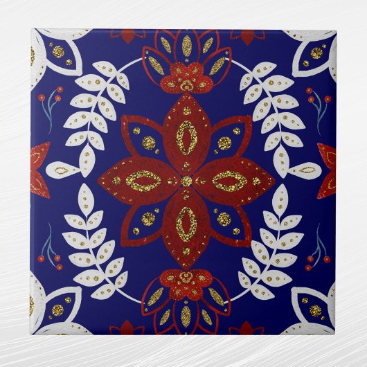 北欧ネイビーフローラリーフ水彩フォークアート タイル