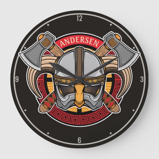 北欧バイキング戦士アックスノーザーメンパーソナライズされた ラージ壁時計 (正面)
