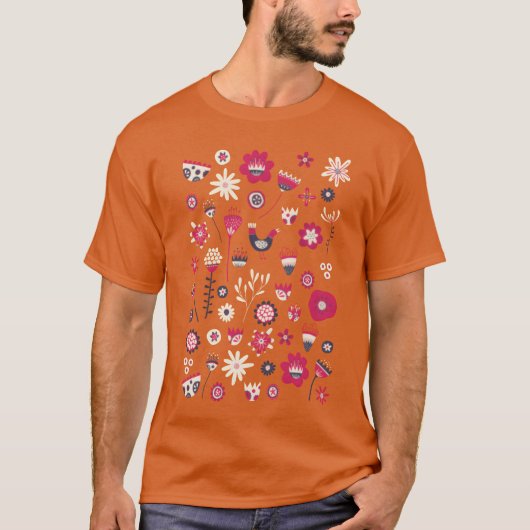 北欧フォークの鳥花おもしろい Tシャツ (正面)