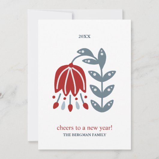 北欧フォークアートの赤い花の2つの写真のクリスマス シーズンカード (正面)