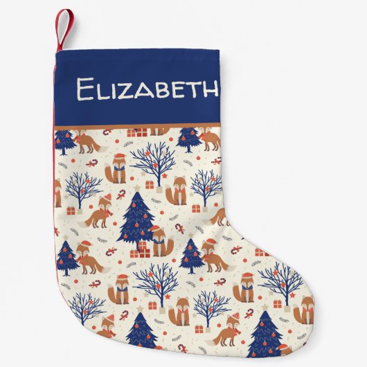 北欧フォークアートキツネin雪クリスマスツリー スモールクリスマスストッキング (正面)