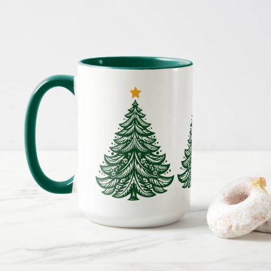 北欧フォークアートグリーンクリスマスツリーコーヒー マグカップ (ドーナツ付き)