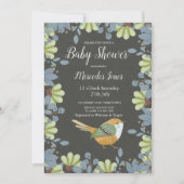 北欧フォークアートフローラバードベイビーシャワーセージ緑 招待状 (正面)