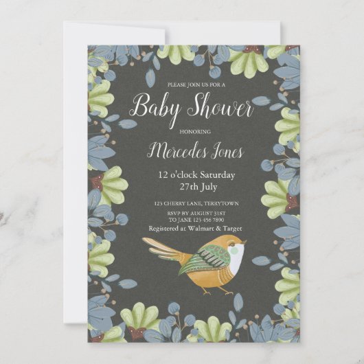 北欧フォークアートフローラバードベイビーシャワーセージ緑 招待状 (正面)