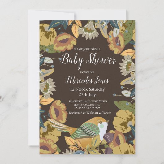 北欧フォークアートフローラバードベビーシャワー 招待状 (正面)