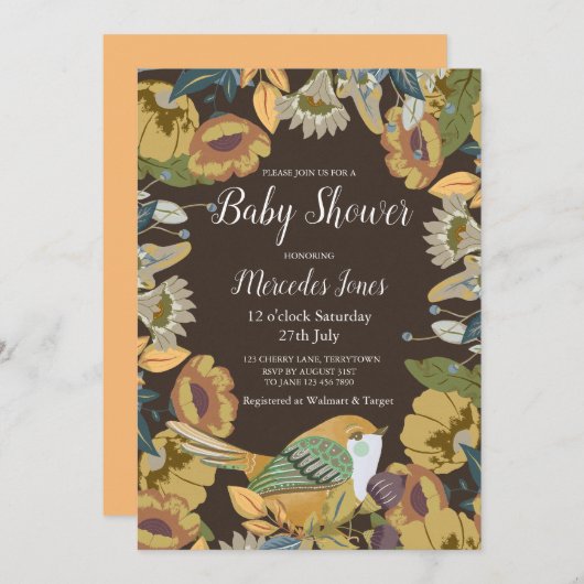 北欧フォークアートフローラバードベビーシャワー 招待状 (正面/裏面)