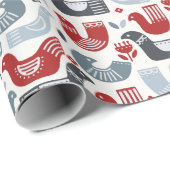 北欧フォークアートレッドブルーの鳥と花 ラッピングペーパー (ロールコーナー)