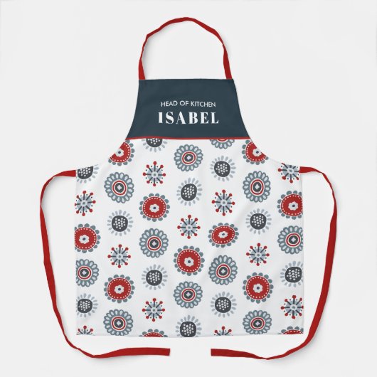 北欧フォークアートレッドブルーフラワーズクリスマス エプロン (正面)
