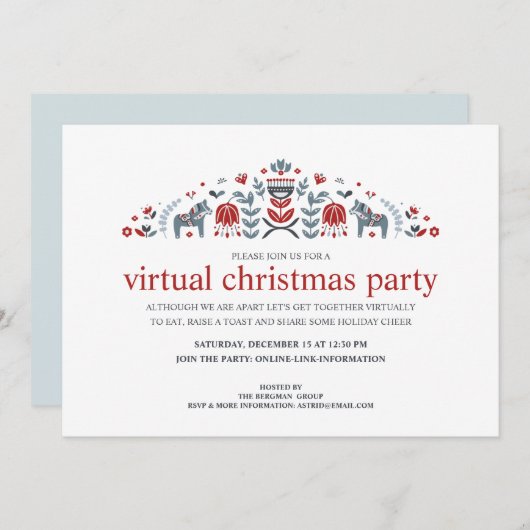 北欧フォークアート ダーラ馬 仮想クリスマス パーティー シーズンカード (正面/裏面)