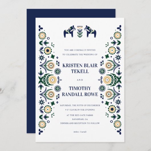 北欧フォークダラホーススカンジナビア結婚のV2 招待状 (正面/裏面)