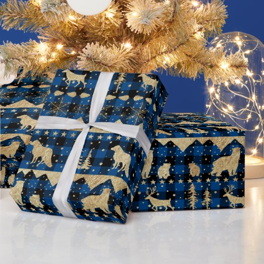 北欧ブルーバッファロープレイド金ゴールド冬季動物 ラッピングペーパー (クリスマス)