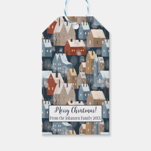 北欧モダン冬のタウンハウスパターンブルーレッド ギフトタグ (正面)